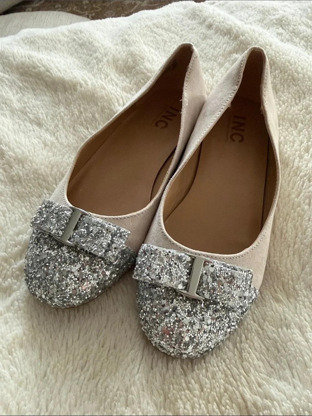 Girls Beige Flats with Silver Glitter Toe